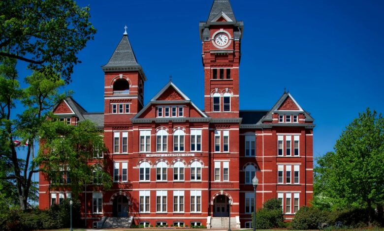 red building with clock tower