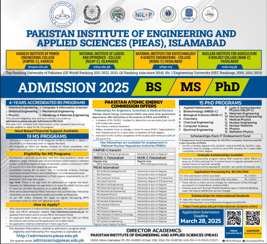 PIEAS 2025 Admissions Advert